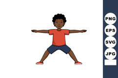 Boy in red shirt and blue shorts exercising with arms stretc Product Image 1