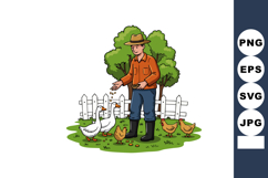 Farmer feeding geese and chickens in farmyard with trees and Product Image 1