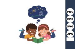 Children Reading a Book Imagining Nighttime Home Scene in Ve Product Image 1