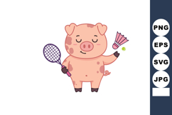 Cute cartoon pig playing badminton with racket and shuttleco Product Image 1