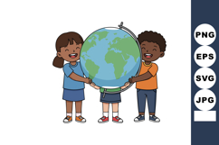 Children holding large globe world map illustration smiling Product Image 1