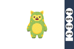 Cute green furry monster with yellow spots standing smiling Product Image 1