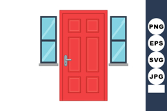 Red front door with silver handle and adjacent blue windows Product Image 1