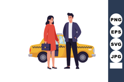 Businessman and businesswoman standing near yellow taxi cab Product Image 1