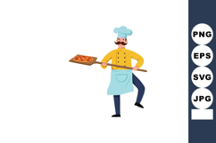 Male chef cooking pizza with wooden peel in classic uniform Product Image 1