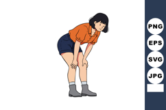 Young woman bending forward wearing orange shirt and navy sh Product Image 1