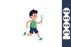 Boy running blowing bubbles with green shoes and striped shi Product Image 1