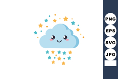 Cute smiling blue cloud surrounded by yellow and teal stars Product Image 1