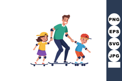 Father teaching children skateboarding with helmets and pads Product Image 1