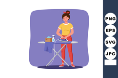 Woman ironing clothes with spray bottle and folded items in Product Image 1