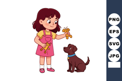 Girl playing with dog holding small stuffed toys in pink dre Product Image 1