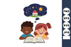 Children Reading Book Dreaming of Nighttime Home and Stars I Product Image 1