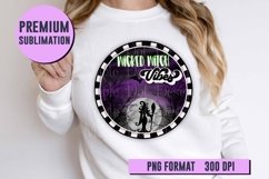 wicked witch vibes design on white sweatshirt worn by a blond person
