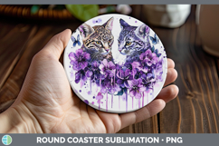 GorgeousWild Cats Purple Drips Round Coaster design.