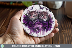 GorgeousWild Cats Purple Drips Round Coaster design.