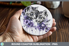 GorgeousWild Cats Purple Drips Round Coaster design.