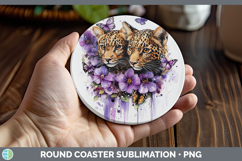 GorgeousWild Cats Purple Drips Round Coaster design.