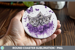 GorgeousWild Cats Purple Drips Round Coaster design.