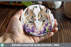 GorgeousWild Cats Purple Drips Round Coaster design.