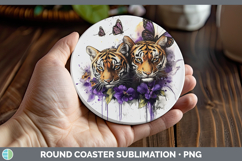 GorgeousWild Cats Purple Drips Round Coaster design.