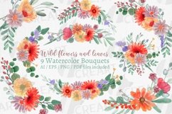 Watercolor wild flowers with green leaves wedding clipart. Product Image 1