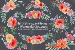 Watercolor wild flowers with green leaves wedding clipart. Product Image 15