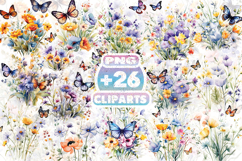 Wild Flowers with Butterfly Clipart | Watercolor Floral PNG Product Image 1