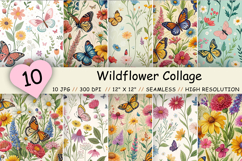 wildflower butterfly pattern, seamless collage design, garden bloom print, floral butterfly background, nature design digital, meadow flower texture, winged petal wallpaper, colorful flora paper, spring garden pattern, flying bloom design, botanical mix s