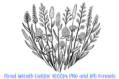 Wildflower Heart Flower Graphic Outline Floral Wreath Clipart PNG