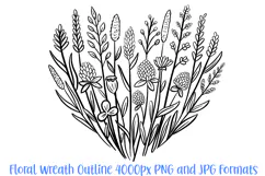 Wildflower Heart Flower Graphic Outline Floral Wreath Clipart PNG