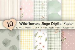 Wildflowers Sage Digital Paper Set, Seamless Floral Pattern Bundle Pack, Printable Scrapbook Paper, Cottagecore Gingham Stripe Design Collection