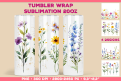 Tumbler Wrap Sublimation Design with Watercolor Wildflowers Product Image 1