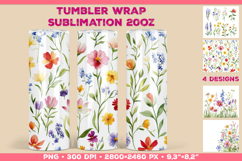 Tumbler Wrap Sublimation Design with Watercolor Wildflowers Product Image 1