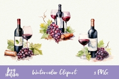 Wine Bottle Glass &amp; Grapes Clipart French PNG Product Image 1