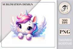 Winged unicorn peeking out in watercolor style, perfect for kids crafts, cards, and sublimation projects.