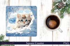Little Kitten in the Snow Square Coaster | Winter Design Product Image 1