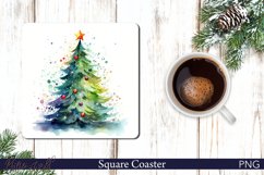 Watercolor Christmas Tree Square Coaster | Holiday Design Product Image 1