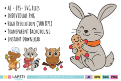 Holiday animal clipart collection including baker mouse and gingerbread bunny