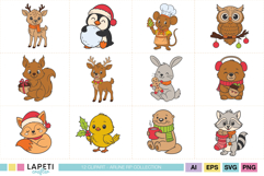 Christmas animal clipart pack with deer, penguin, mouse, owl, raccoon, and bunny illustrations