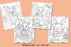Cute winter animal coloring pages featuring reindeer, bunny, mouse, and squirrel with Christmas trees and gifts, printable holiday activity for kids.