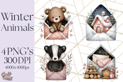 Winter Animals in Envelopes Clipart PNG, Mini Winter World Product Image 1