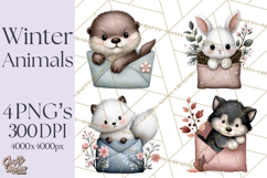 Winter Animals in Envelopes Clipart PNG, Mini Winter World Product Image 1