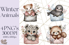Winter Animals in Envelopes Clipart PNG, Mini Winter World Product Image 1