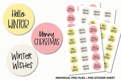Printable Christmas round stickers with pastel colors and handwritten phrases “Hello Winter”, “Winter Wishes”, and “Merry Christmas”.