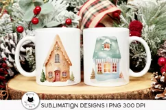cute christmas houses illustrations shown on mugs