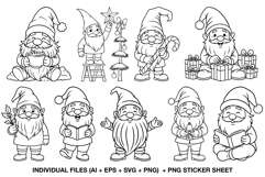 Set of Christmas gnomes in black line art for coloring and crafts.