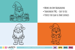 Adorable ice-skating gnome winter illustration in line art style.