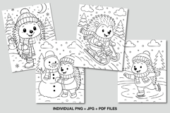 Cute winter hedgehog coloring pages featuring snow, sledding, and snowman scenes.
