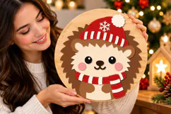 Winter Hedgehog Round Sign SVG, Laser Cut Wood Design Product Image 1