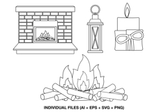 Cozy winter clipart SVG with fireplace candle lantern elements